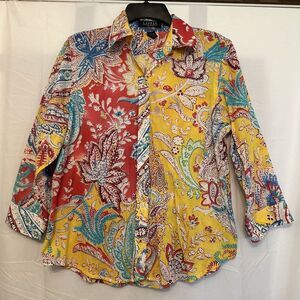 Lauren Ralph Lauren Floral Paisley Button Up Shirt Size Petite 3/4 Split Sleeves